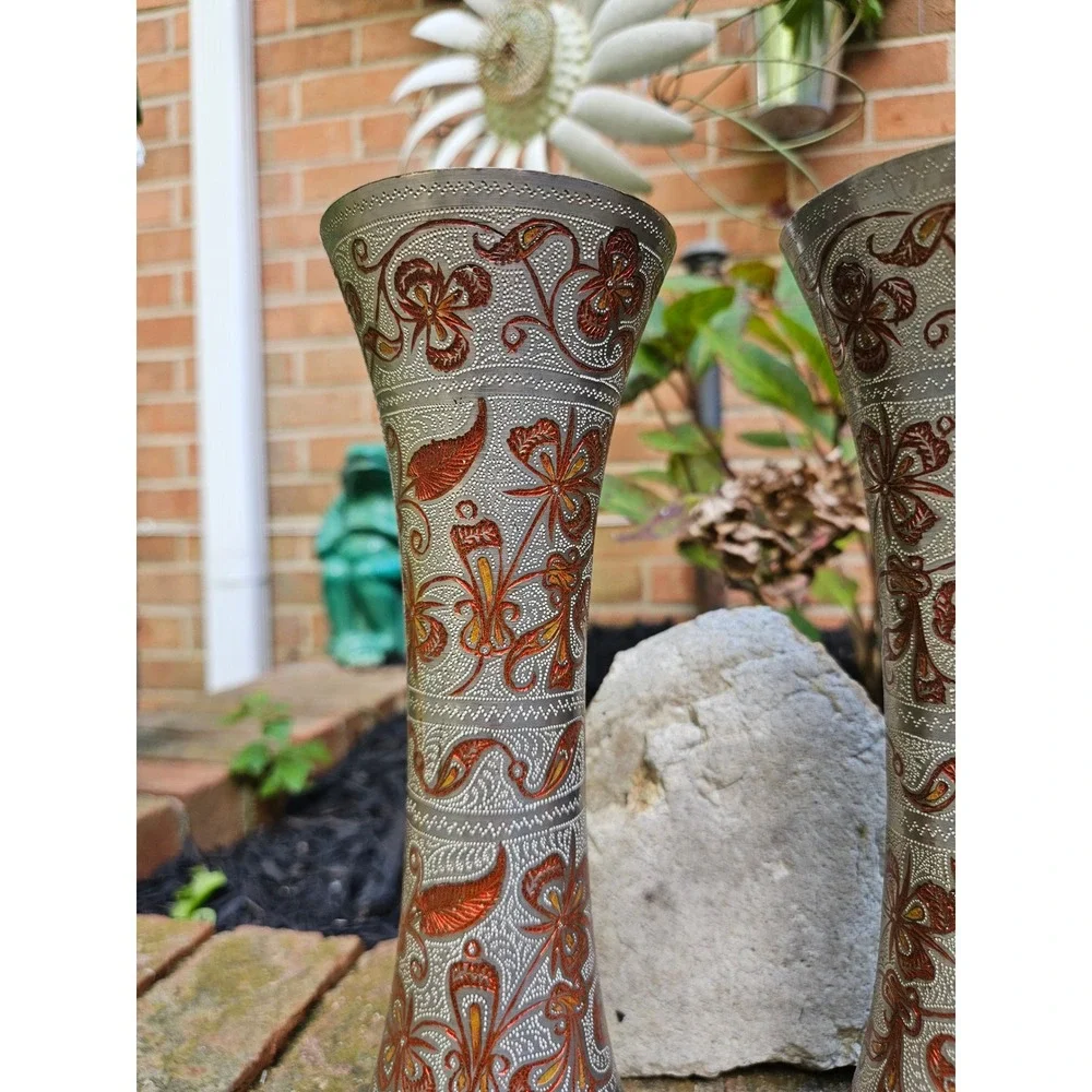 Vtg Pair of Silver-Tone Brass Trumpet Vases with Orange Floral Etchings, 9
